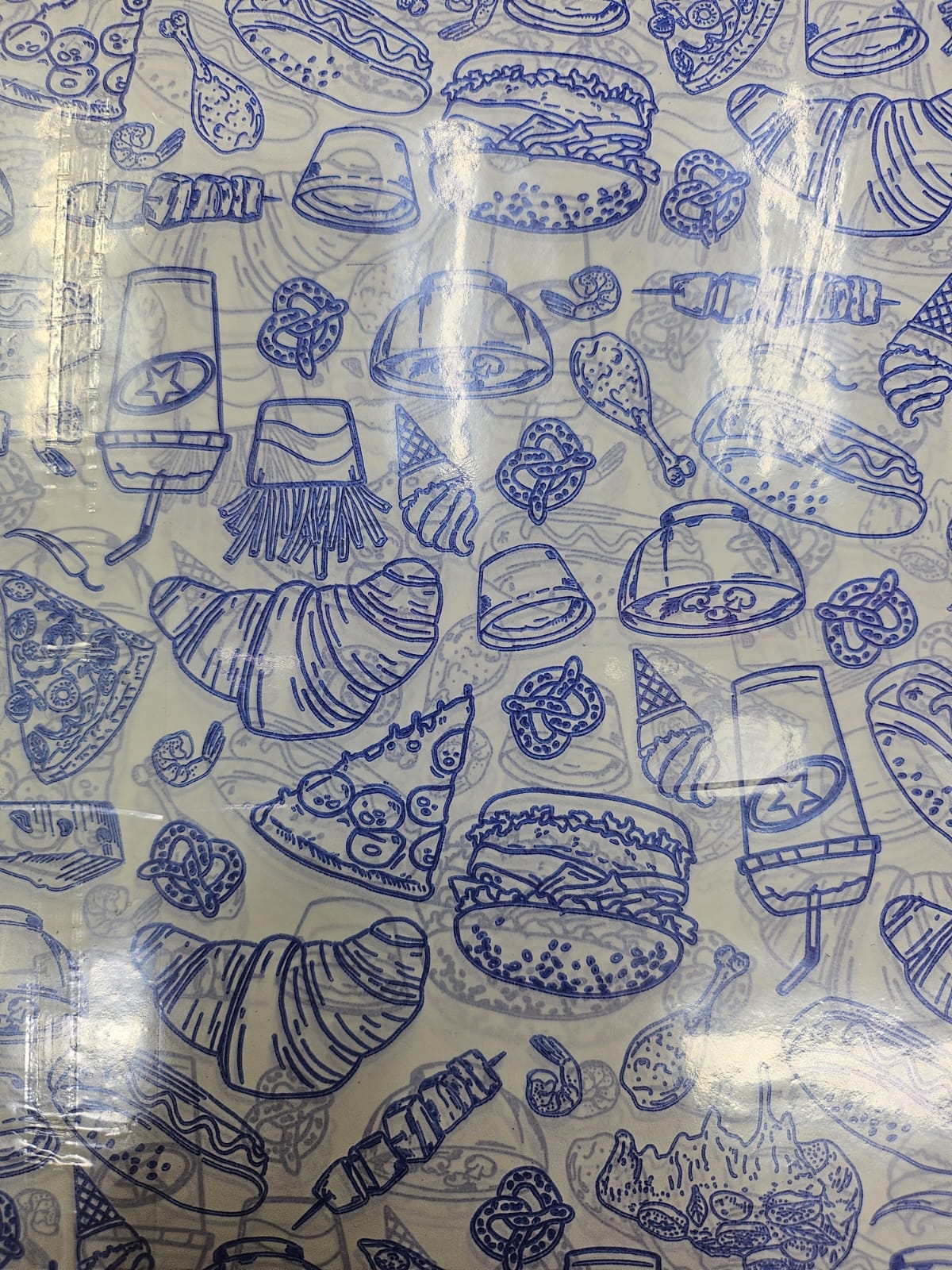 Papel Grado Alimenticio Azul Figuras de Hamburguesa Pizza y Cuernitos